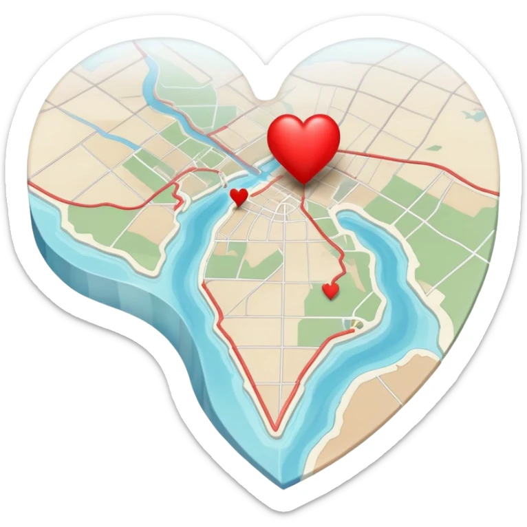 Folded cartographic map with pale ethereal colors, featuring red heart markers and various colored symbols indicating different emotional experiences, topographic lines sticker