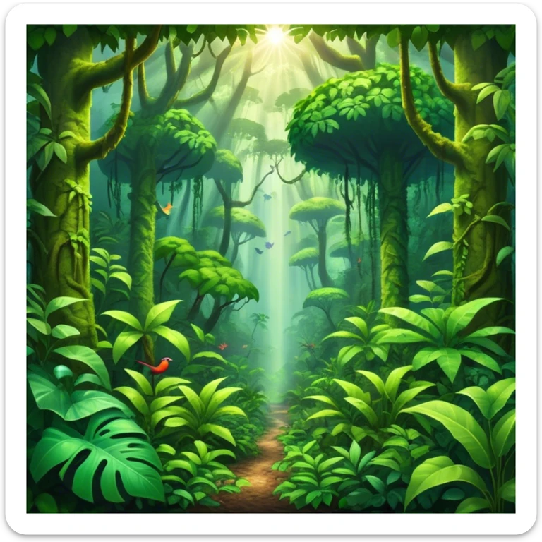 Cinematic Realistic Rainforest Emoji, Lush and vibrant, filled with towering trees, thick vines, and dense green foliage, sunlight filtering through the canopy above, creating dappled patches of light on the rich, diverse undergrowth. The air is heavy with moisture, with mist rising from the forest floor and distant calls of exotic birds and animals echoing through the trees. Soft glowing outline, capturing the essence of a thriving, untamed tropical paradise filled with life! sticker
