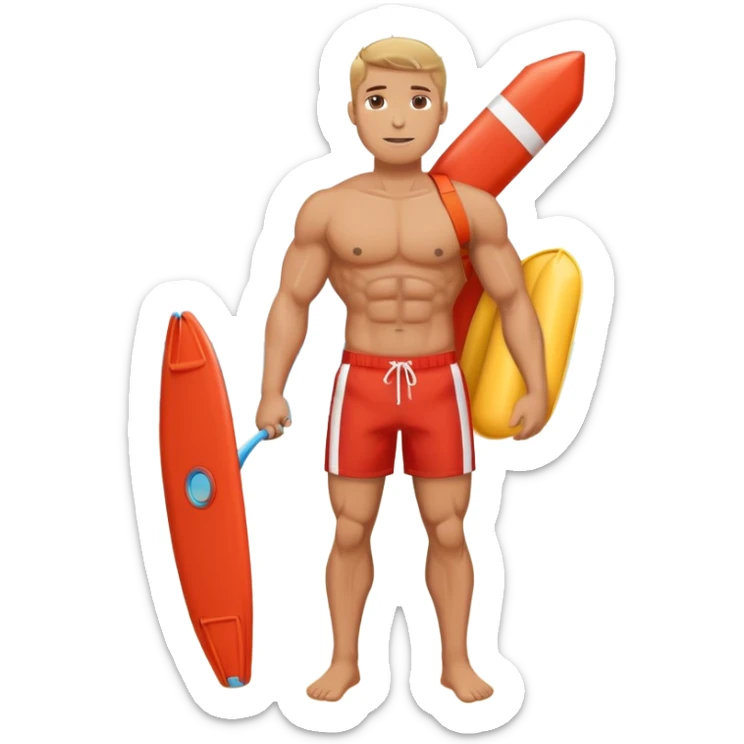 Muscular lifeguard man on beach with rescue tube sticker