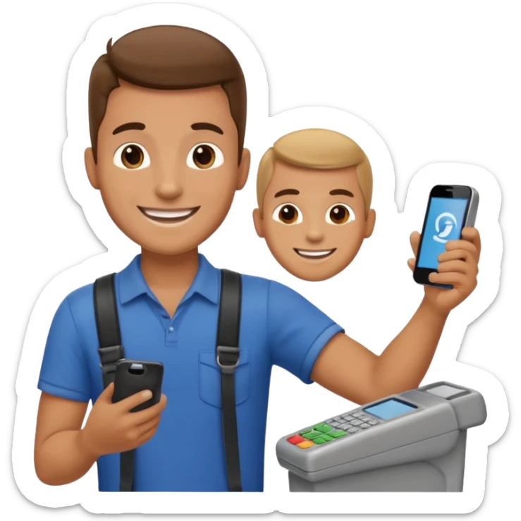 Draw a male tourist who pointed his phone to scan a QR code at a POS terminal. In the style of an Apple emoji sticker
