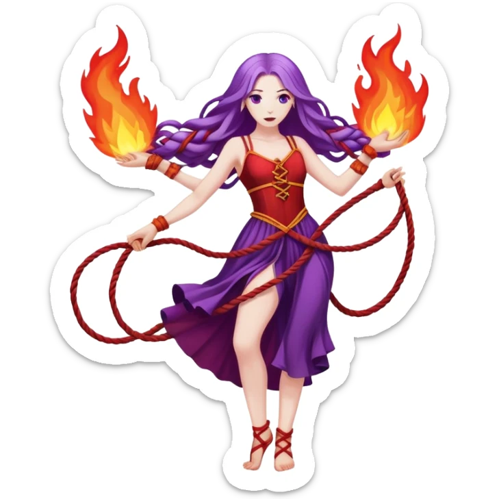 Full body two ropes on fire dance performer pale skin with long purple hair red dress sticker