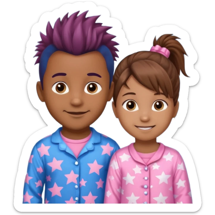 4 year old brown spikey haired boy with blue pajamas with stars on them and a 1 year old brown haired pony tail girl with pink pajamas, and stars on them with light skin. Top left on, can you make them smile more?  sticker