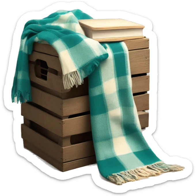 Realistic isolated teal and cream color plaid blanket draped across wooden crate box with matching book beside it sticker