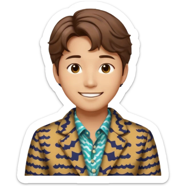 Design a Korean male idol with wavy brown hair, patterned jacket & cheerful smile, inspired by V of BTS. sticker