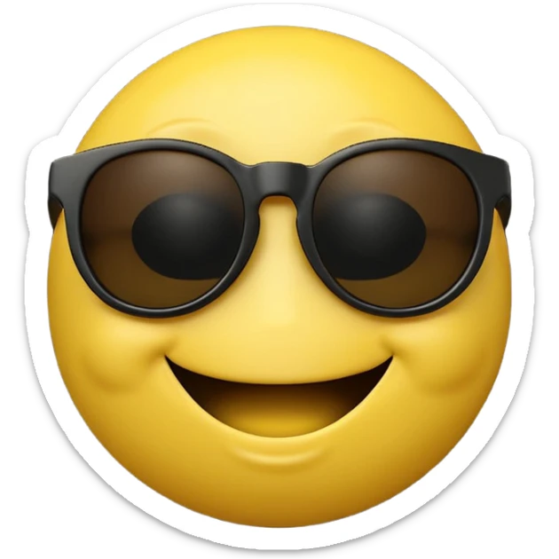 3D-rendered yellow smiley face emoji with black sunglasses and a confident smile, isolated on transparent background sticker