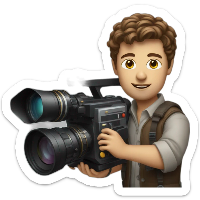 European film director with brown piled short hair holding a cinema camera sticker