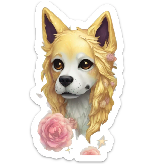 iridescent kintsugi fluffy zombie dog fox head zombie skull skeleton gold mechanical nebula galaxy stars colorful flowers fairy lights vintage zombie sticker