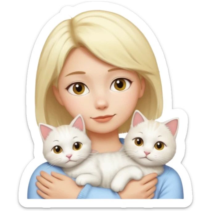 a girl with short blonde hair, a white fluffy cat lying on her left shoulder and neck, emoji style sticker