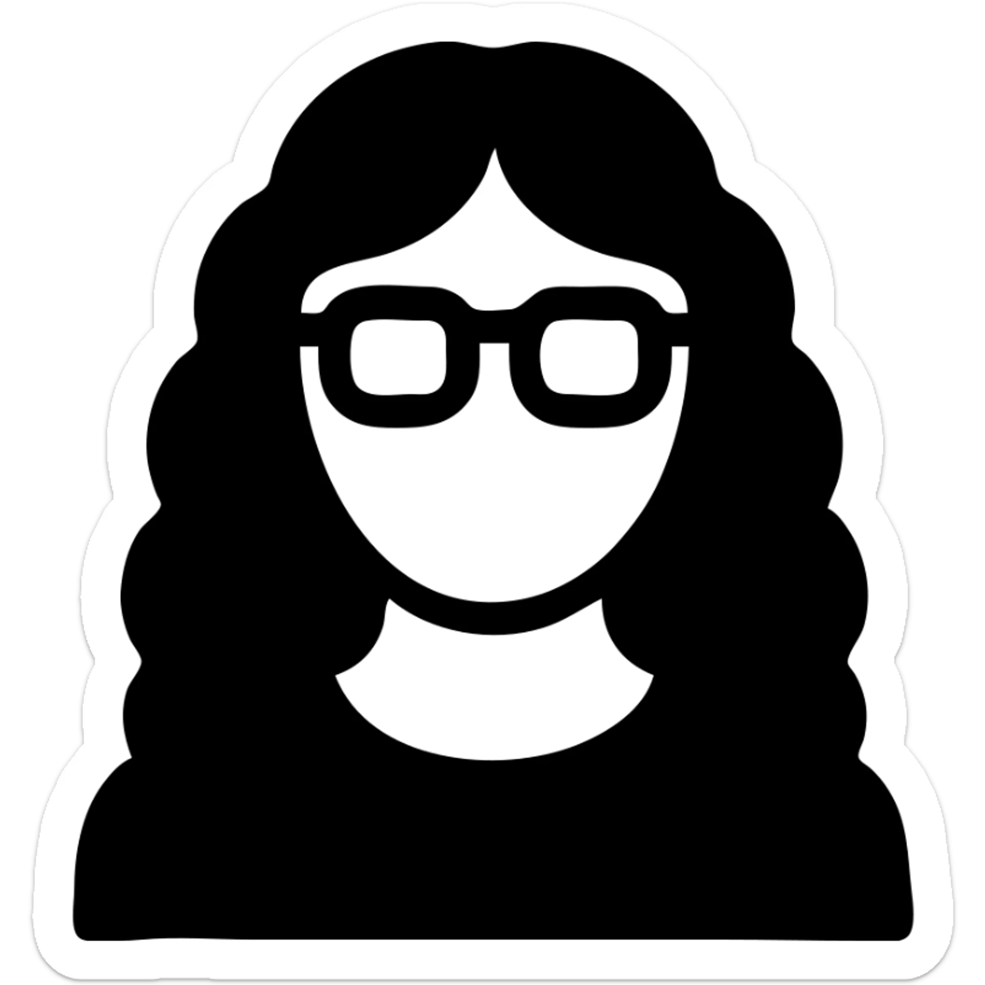 woman with long curly brown hair and eyeglasses, flat icon style sticker
