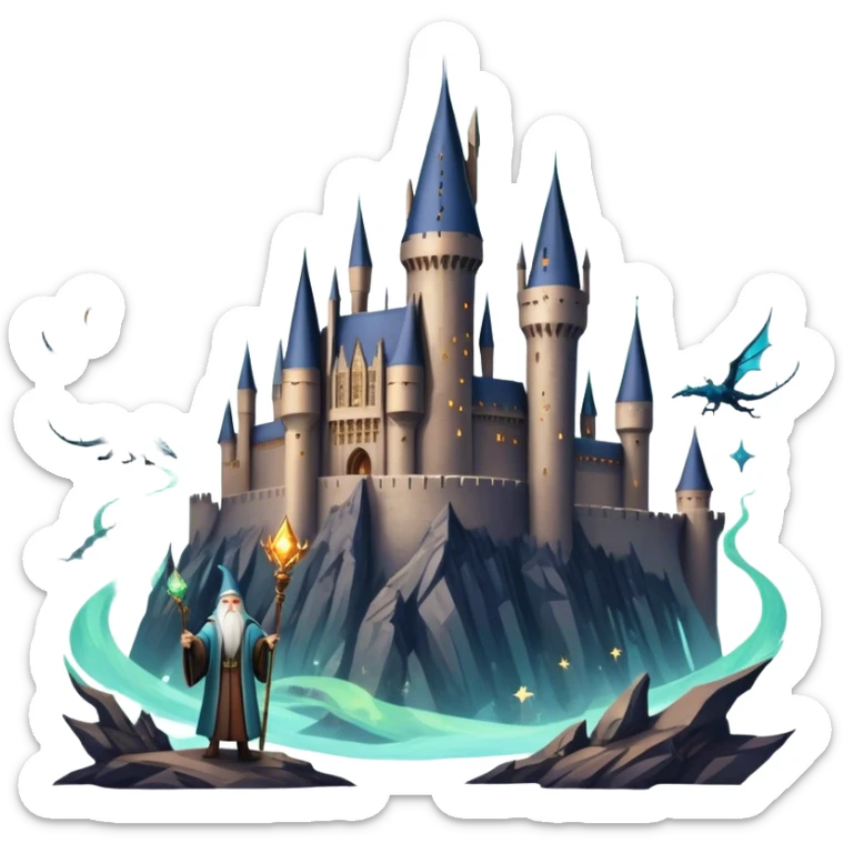Icon for Fantasy and Sci-Fi Movies: A magical collage with flying dragons and futuristic spaceships. Stars and planets shimmer in the background with a mystical castle Hogvards and an ancient wizard holding a staff. The atmosphere is epic, otherworldly and adventurous. Transparent background. sticker