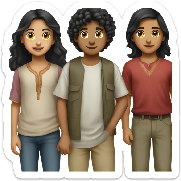 3 middle eastern children standing together. give them black hair and olive skin. Make them around 13 years old sticker