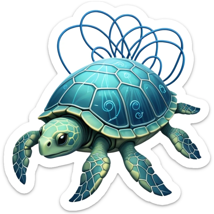 A high-tech turtle made of electric wires and cables with rubber scales that reveal its electric skeleton, possessing both jellyfish-like tendrils and the ability to generate electrical pulses that illuminate the ocean depths. sticker