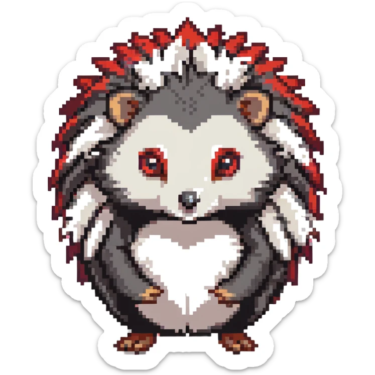 black hedgehog with red accents and white chest fur, defensive stance in a neon-lit industrial environment, metallic surfaces, intense expression sticker