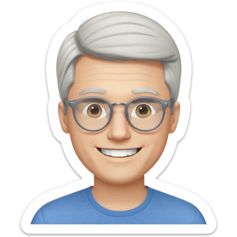 30 yr old pale white man, white/grey side swept stylish hair, round glasses, big smile, white teeth, handsome, longer hair, thin glasses, blue  shirt sticker
