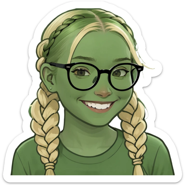 a blonde girl with green glasses and two braids smiling really big sticker
