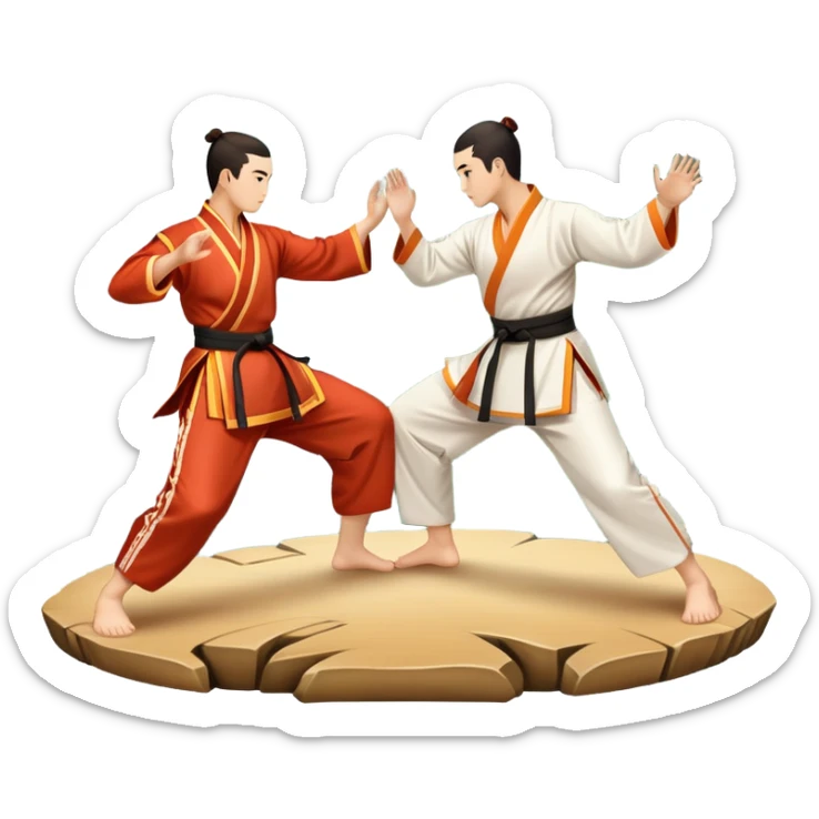 Two martial artists in traditional Wushu attire, performing elegant, fluid moves. The background shows a peaceful, scenic landscape with mountains and bamboo trees, symbolizing the balance of power and grace in Wushu.  sticker