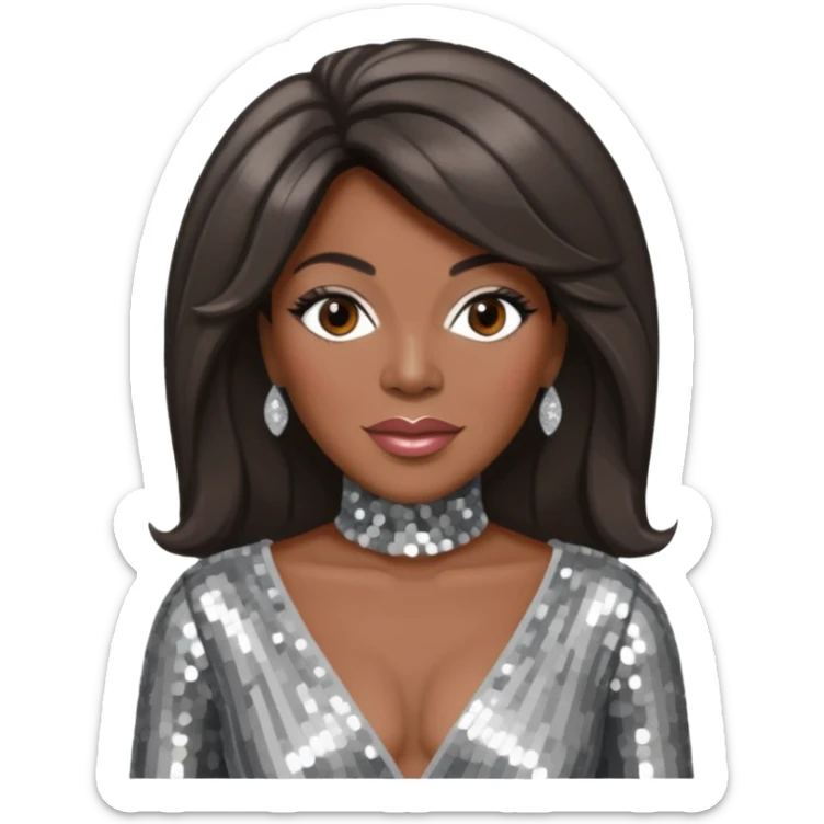 Mary Wilson from The Supremes with dark brown hair, silver outfit sticker