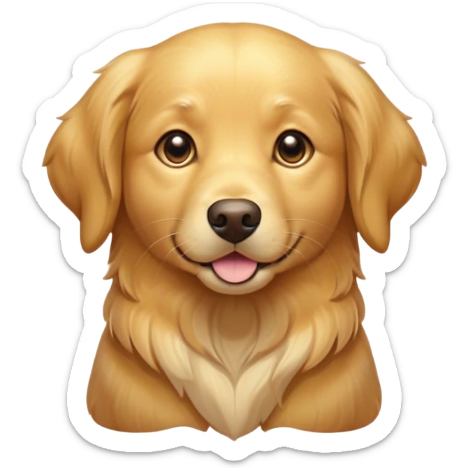 Cinematic Cute Golden Retriever Portrait Emoji, Head tilted playfully and inquisitively, showcasing a rich, glossy golden coat with a healthy sheen, round, sparkling brown eyes filled with curiosity, Simplified yet irresistibly adorable features, highly detailed, glowing with a warm, friendly glow, high shine, affectionate and lively, stylized with a touch of whimsy, bright and endearing, soft glowing outline, capturing the essence of a mischievous yet loving companion, so playful it feels like it could leap out of the screen and into your arms! sticker