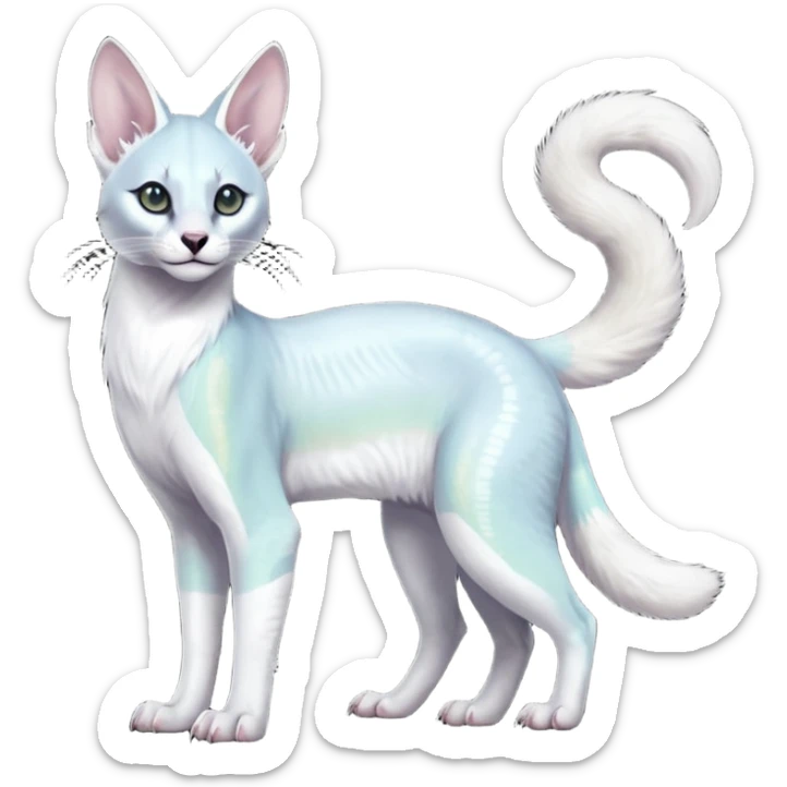 Colorful tropical pearly-albino-white iridescent glorious divine exotic cute cool beautiful shiny beautiful fantasy-caracal-civet-genet-sergal-vernid-Cacomistle-oncilla-animal-Fakémon-hybrid-fursona with tufted ears (full body) sticker
