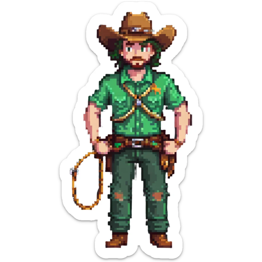 Cowboy character with green shirt, pants, and hat, holding a lasso sticker
