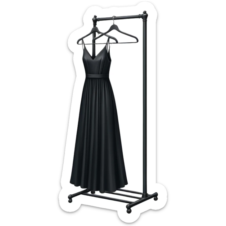 metal clothing rack with a formal black dress hanging sticker