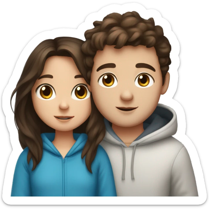 A light brunette girl with brunette eyes who is approximately 5,2 with a black hoodie and pijamas hugging a blue eyed light brunette boy with freckles wearing pijamas and a white hoodie sticker