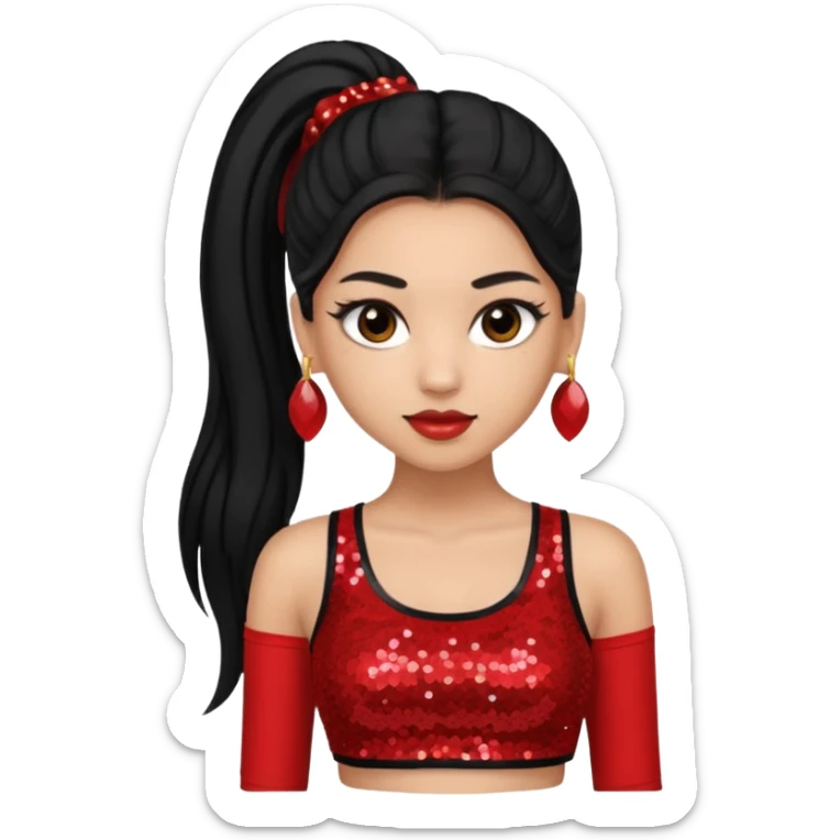 Jade from Bratz with long black ponytail hair, light skin, brown eyes, red sequin crop top sticker