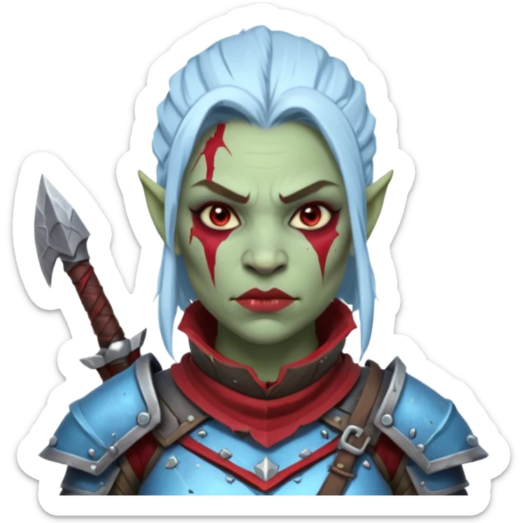 Fantasy Christmas orc legion soldier icon, iron tundra army theme, heavy winter armor, disciplined brutal look, cold steel armor cracked with frozen crimson lines, bloodfrost effect, icy blue and dark red color palette, minimal clean emoji style, female variant sticker