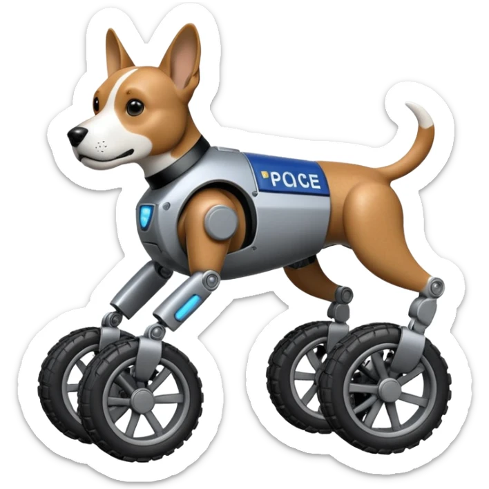 Very fast  jumping riot Boston Dynamics police robotic beagle Sherlock Holmes robodog with two off-road wheels per foot  sticker