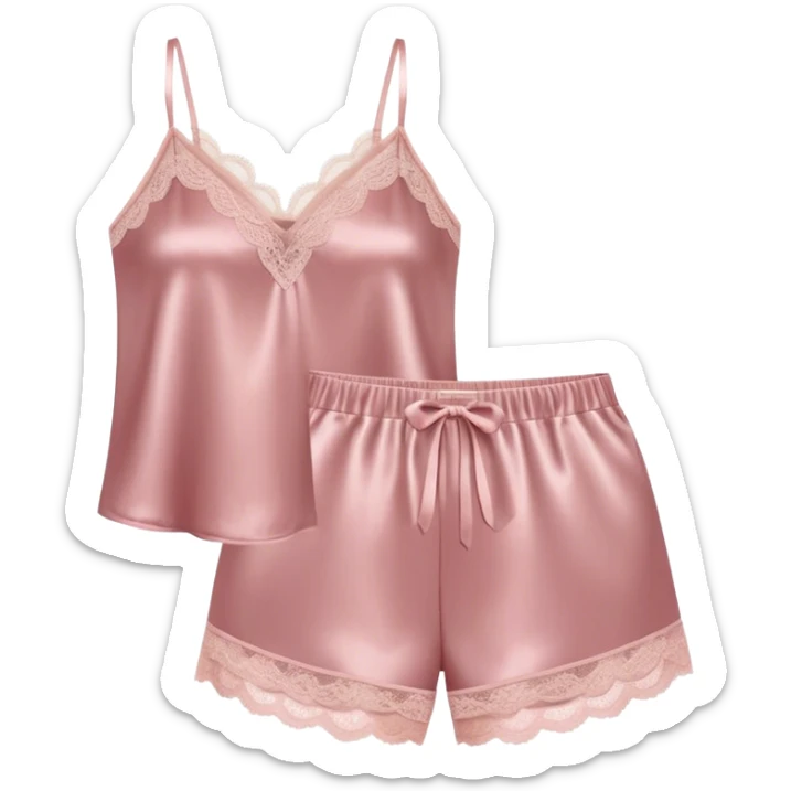 Dusty pink satin pajama shorts and camisole set with lace trim  sticker