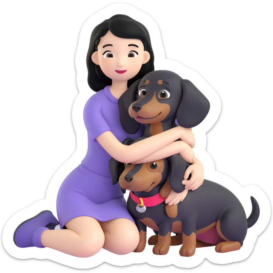 black hair asian girl hugging black dachshund sticker