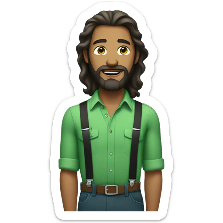 man with long hair and beard in green shirt and suspenders sticker