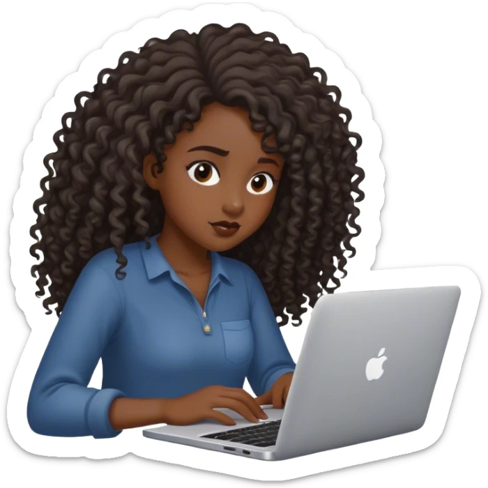 Black girl pretty with long curly hair  black trying to work on laptop  sticker
