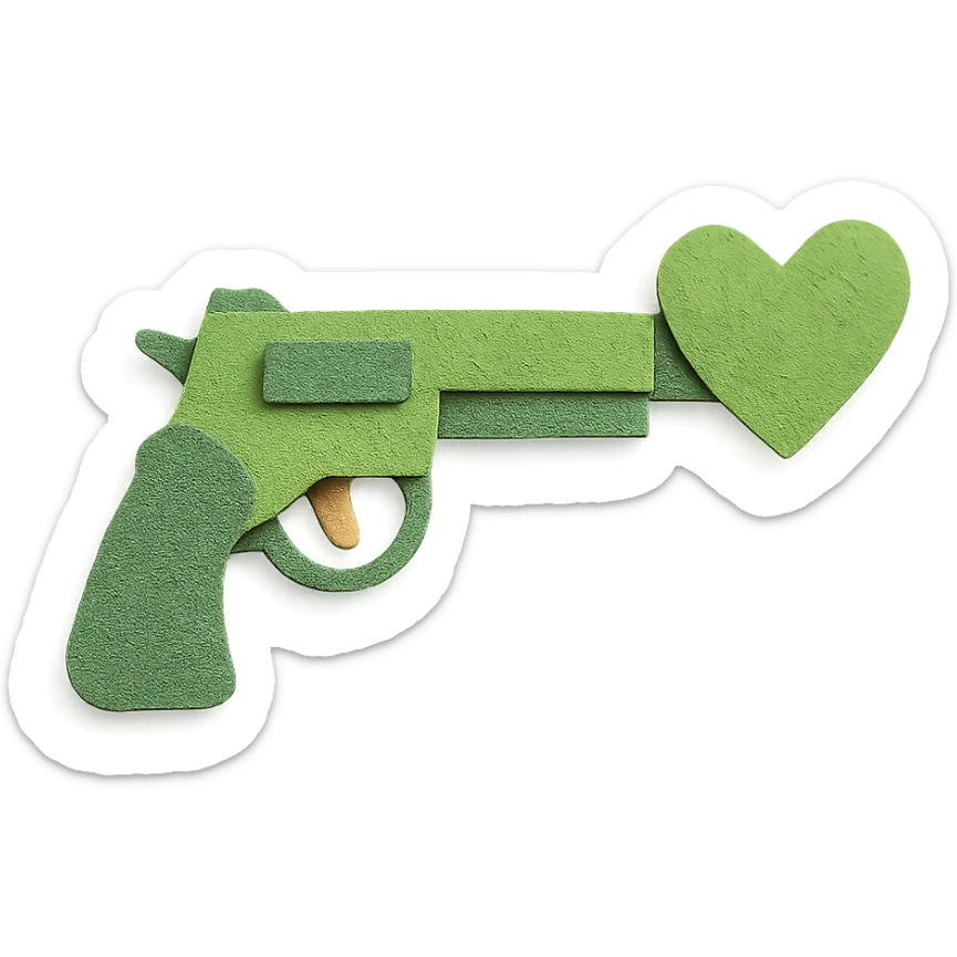 green heart pistol, paper craft style, layered paper textures, handmade look sticker