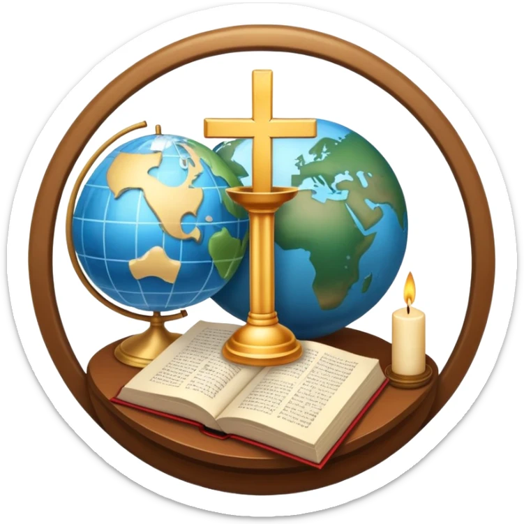An icon featuring a holy book, a candle, a cross, and Islamic crescent and star, alongside a Buddhist wheel of Dharma, symbolizing religious studies. The design includes a globe with these symbols, representing the diversity of beliefs. Transparent background  sticker