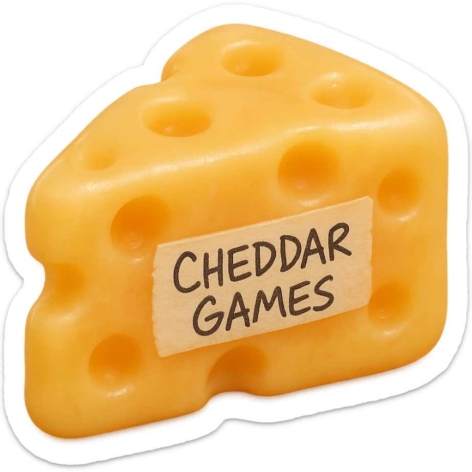 Place the tape with 'Cheddar Games' in messy Sharpie handwriting in the center of the cheese wedge. Make the cheese look soft, almost like a gummy bear, with more rounded edges and a translucent, glowing appearance. Keep the Swiss-style holes. Render in a hyper-realistic, retro 90's toy plastic texture with soft reflections, soft and squishy feel, some cloudiness, not shiny, highly detailed, and appealing. No background. Extremely high quality. sticker