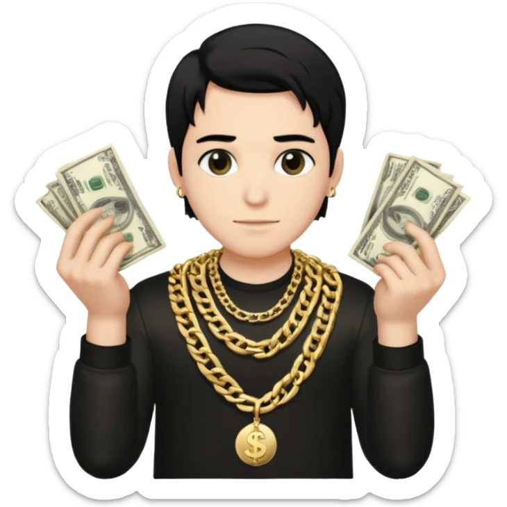 Has un chico con mucha plata en sus manos y en su alrededor, Con una chain que diga "JovenBallin" y que tenga pelo negro y sea piel blanca sticker