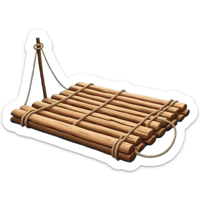 showing a simple wooden raft floating on calm blue water — made of several brown logs tied together with rope — gentle ripples around it — bright, cheerful lighting and soft shadows — minimalist, clean emoji design sticker
