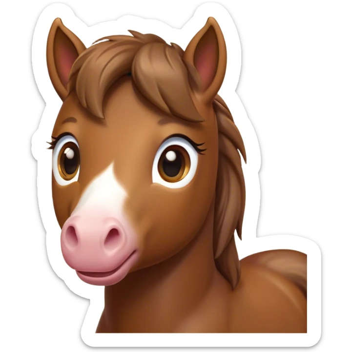 Cinematic Cute Brown Welsh Pony Portrait Emoji, Head tilted playfully and inquisitively, featuring a compact, charming form with a glossy, deep brown color, round, sparkling eyes full of gentle mischief, and a sweet, soft muzzle, Simplified yet irresistibly adorable features, highly detailed, glowing with a warm, inviting glow, high shine, affectionate and lively, stylized with a touch of rustic whimsy, soft glowing outline, capturing the essence of a mischievous yet endearing brown Welsh pony that seems as if it could prance out of the screen into your arms! sticker