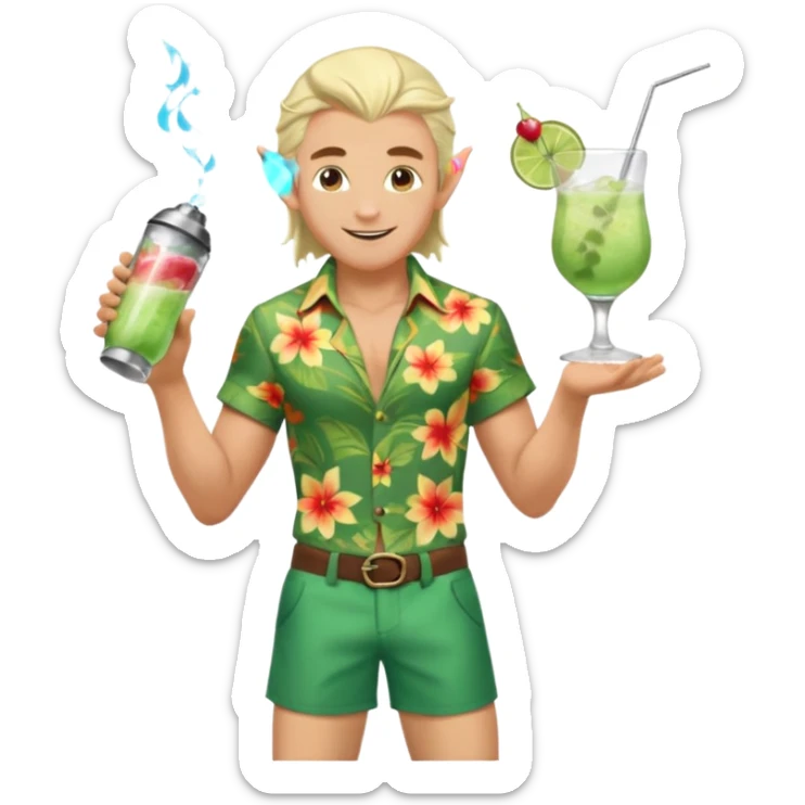 elf male legolas Unbuttoned Hawaiian shirt, swim trunks, shaking a cocktail shaker (sparks flying) sticker