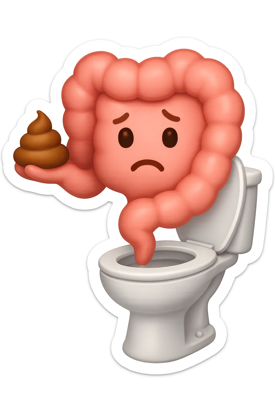 emoji stile iphone di un intestino che esce dal wc con in mano una montagnetta di feci con espressione triste a palline sticker