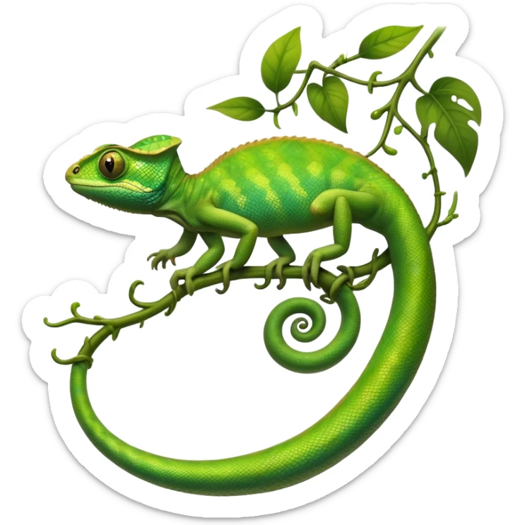 cinematic-chameleon-realistic-full-body-climbing-emoji,-slender-body-gripping-a-twisting-vine-with-prehensile-feet,-scaly-green-skin-shifting-shades-with-its-environment,-large-bulging-eyes-rotating-independently,-delicate-coiled-tail-curling-behind,-long-tongue-slightly-protruding-as-if-ready-to-strike,-simplified-yet-realistic-focused-features,-highly-detailed,-glowing-with-an-ethereal-forest-light sticker