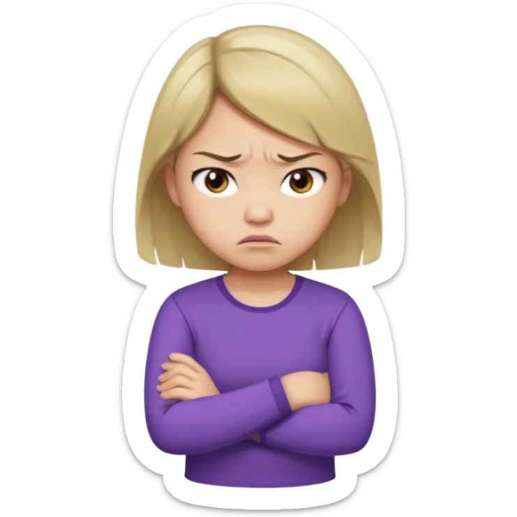Angry Pouty girl with small asian eyes folding arms in a purple longsleeve shirt she has fair skin and medium length brown hair with blonde sticker