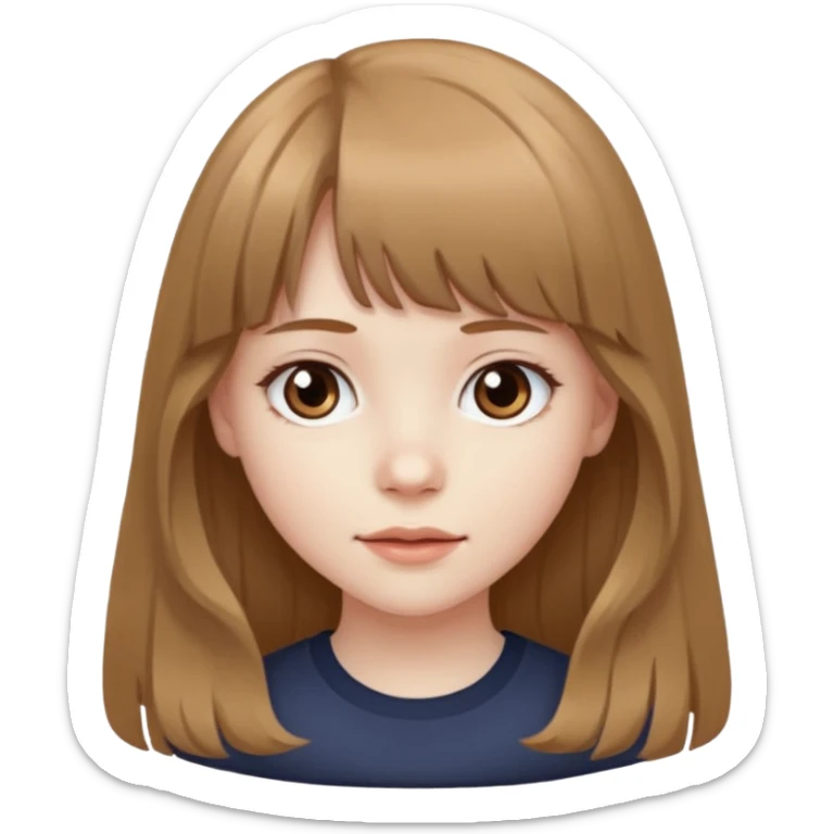 Pale skinned girl with light brown hair and dark brown eyes. She has bangs and her hair is slightly big wavy and long sticker