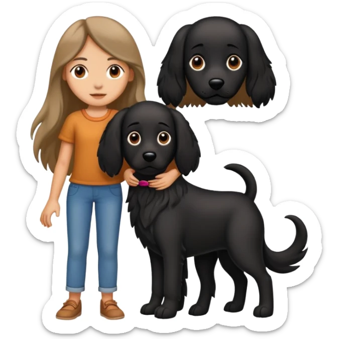 A long-haired girl is holding a big black dog with standing ears sticker