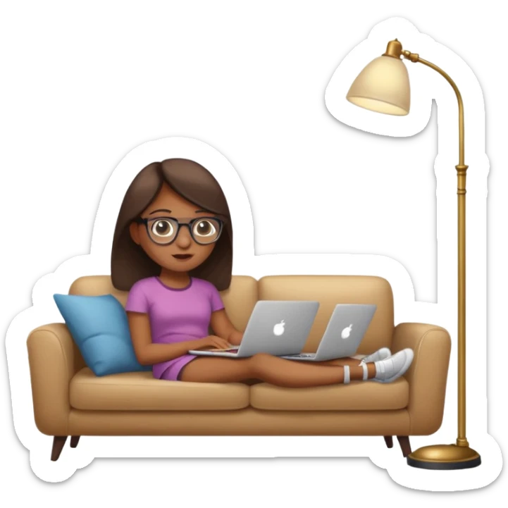 A girl is working with a laptop while lying on a sofa, with a floor lamp to the right. sticker