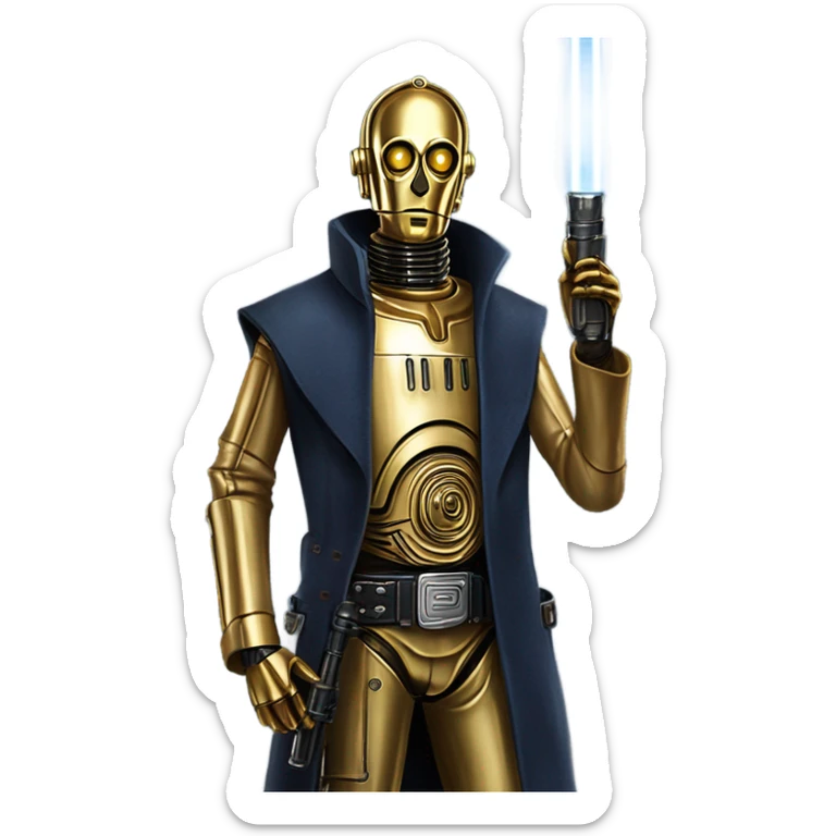 tarnished undercover tough well-equipped Jedi  life-sized darkblue-pearl C3po leather vest clothing pants and vest old west duster coat holding light saber sheriff sticker