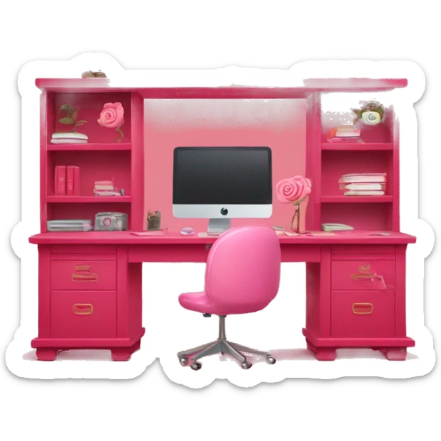 Rose red pink desk with shelves + decorations + rose red computer on top of desk.  sticker