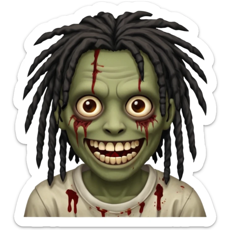 zombie with brown skin, messy black dreads hair, wide centered brown eyes, dark bloody marks under the eyes, and a smile showing crooked teeth grillz, giving a distressed, undead look. sticker