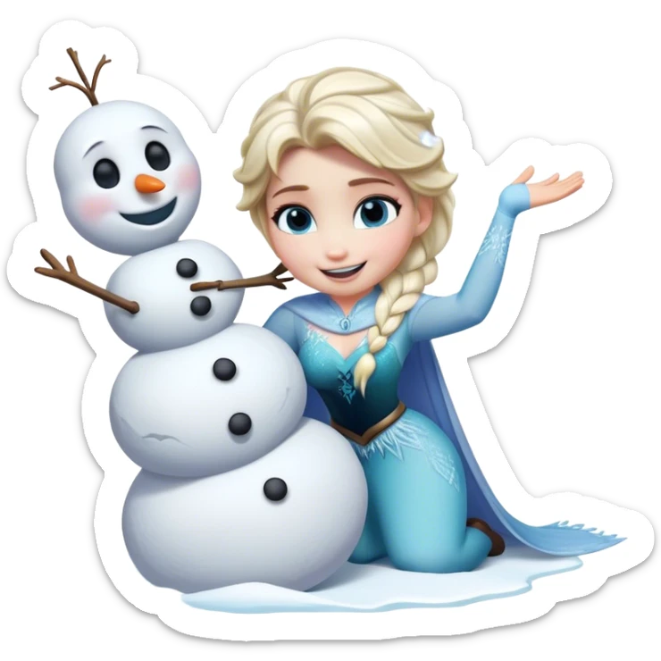Cinematic Funny Elsa Portrait Emoji, Making a tiny snowman in her hands with a proud grin, looking smug as it dances, an unexpectedly hilarious moment of icy creativity! sticker